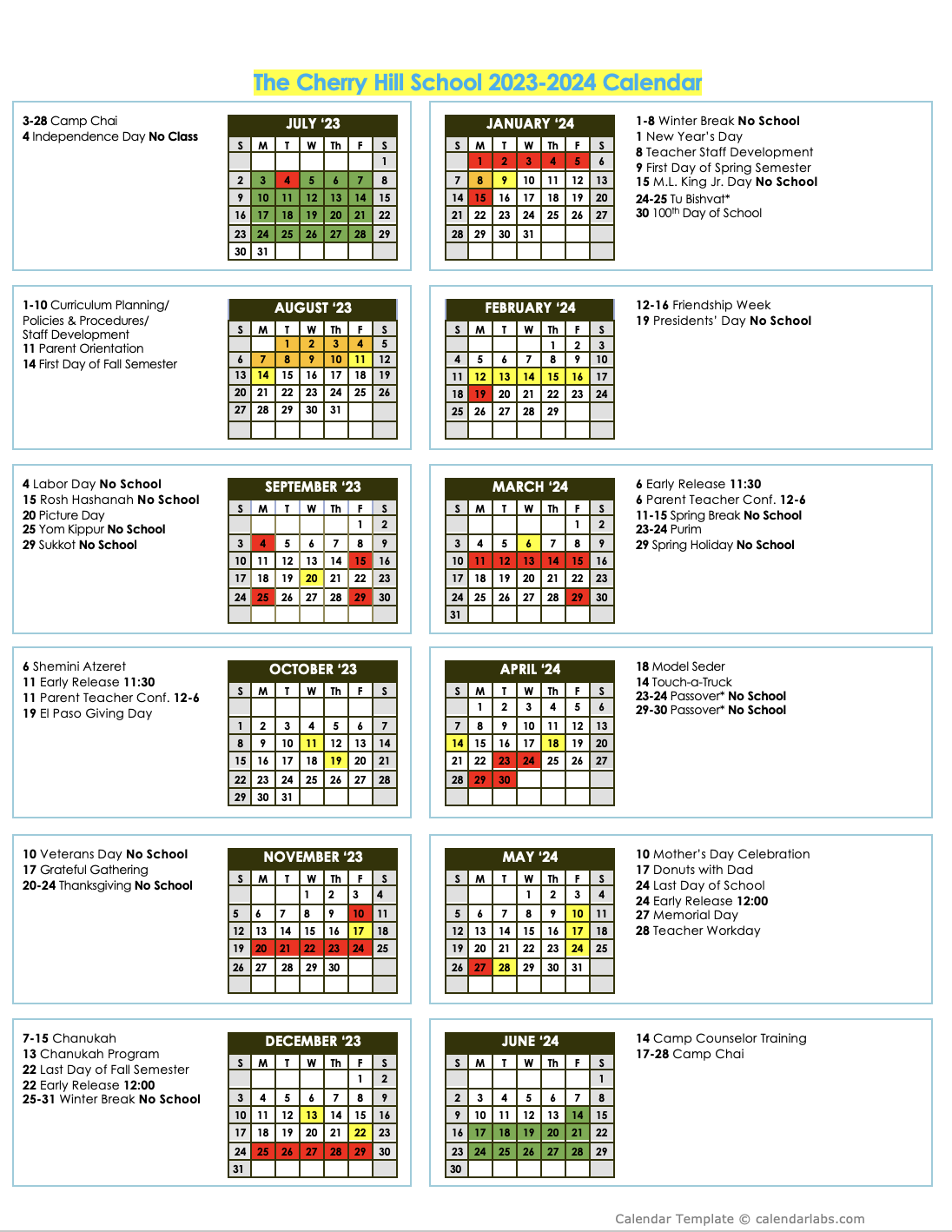 School Calendar – The Cherry Hill School